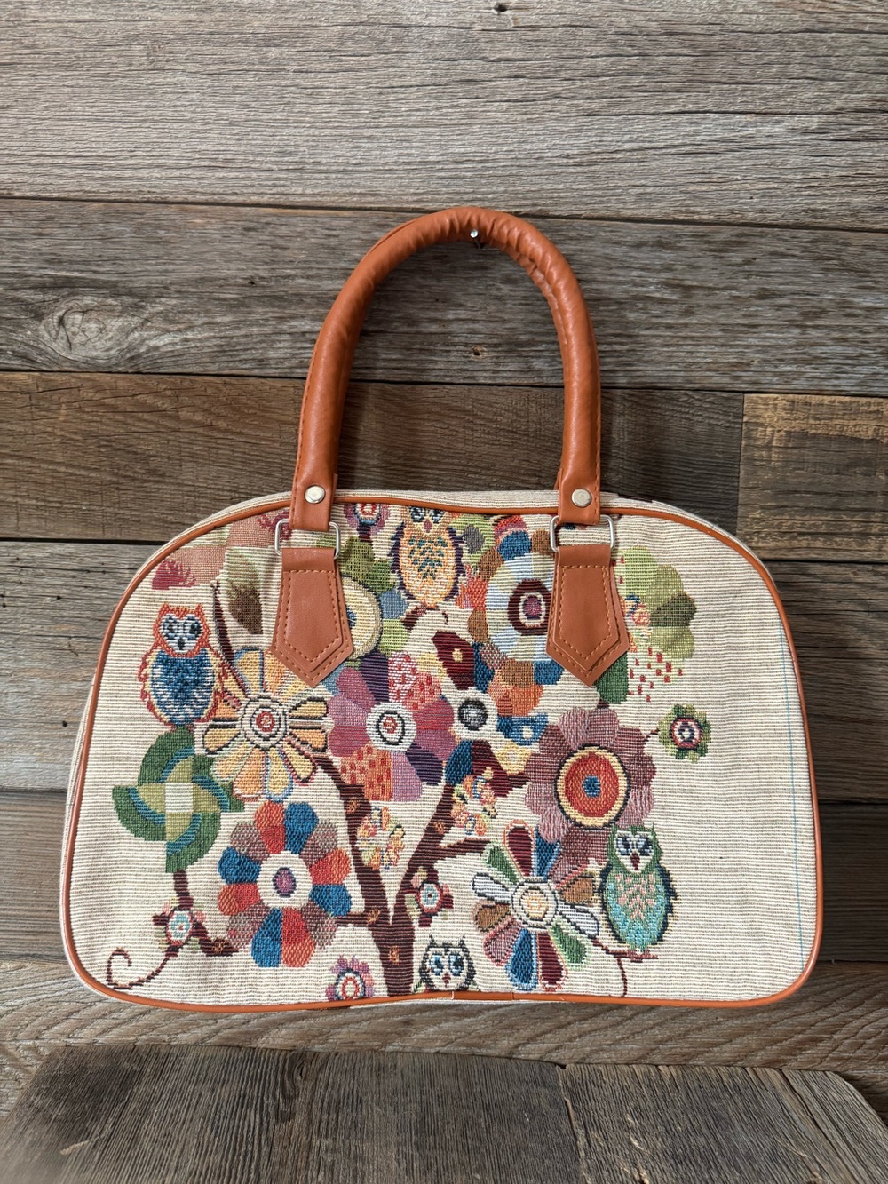 Brown Handle Tapestry Floral bag
